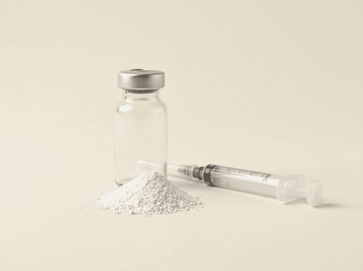 Loose peptide powder, bacteriostatic water and syringe